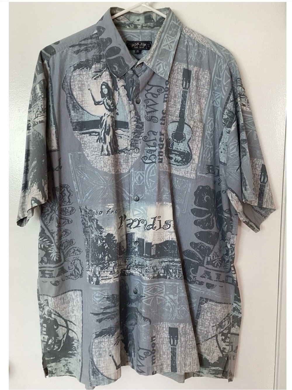 Vintage Ron Jon Men's Blue/Gray Graphic Hawaiian Print Button-Up Shirt Cotton